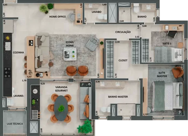 PLANTA AMPLIADA: 115 m² (2 SUÍTES, SENDO A MASTER COM BANHO E CLOSET AMPLIADOS, COZINHA AMERICANA E ESTAR AMPLIADO)