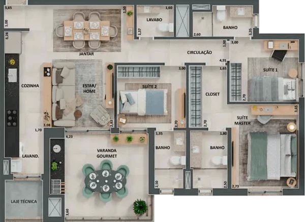 PLANTA AMPLIADA: 115 m² (3 SUÍTES E COZINHA AMERICANA)