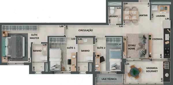 PLANTA PADRÃO: 95 m² (1 SUÍTE, 2 DEMI-SUÍTE E COZINHA AMERICANA)