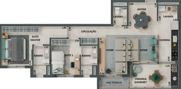 PLANTA PADRÃO: 95 m² (2 SUÍTES, SALA AMPLIADA E COZINHA AMERICANA)